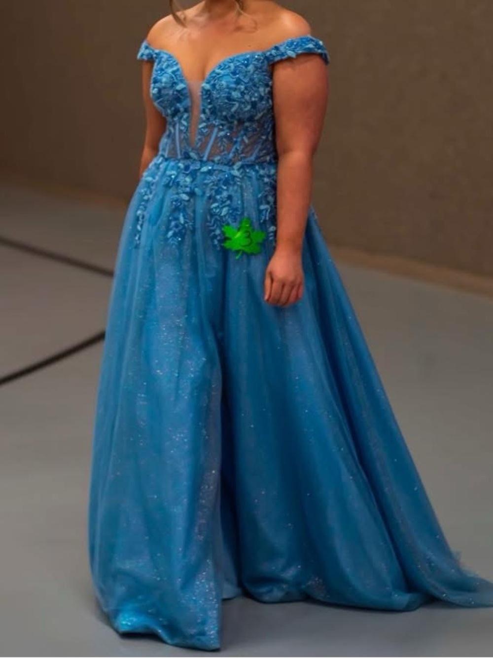 Off-Shoulder Sparkling Blue Prom Gown with Floral Appliqué